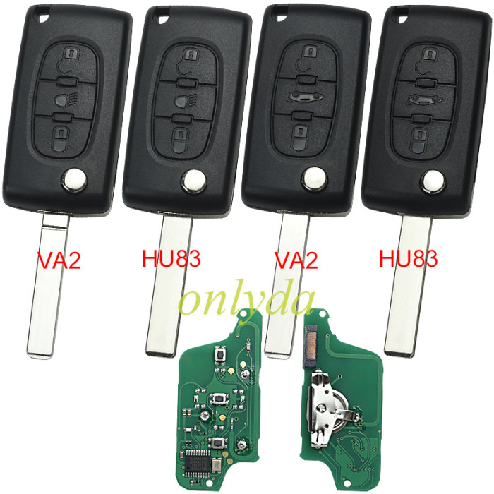 KYDZ Brand Peugeot CE0523 3 Button Flip  Remote Key  ASK model  with VA2 and HU83 blade, trunk and light button , please choose the key shell, with 46 chip