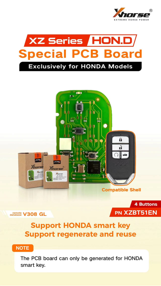 Only PCB Board Xhorser smart remote key for Honda 4 button PN:XZBT51EN
