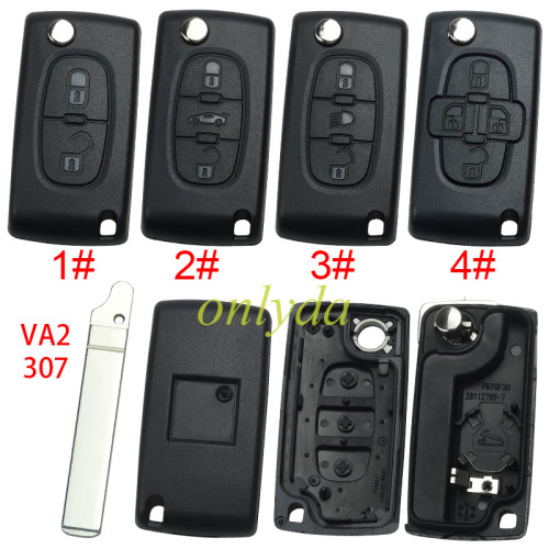 For Peugeot flip remote replacement key shell,blade VA2-with battery clamp with logo place,pls choose the button