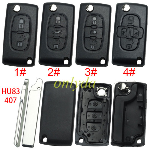 For Peugeot flip remote replacement key shell,blade HU83-without battery clamp without badge,pls choose the button