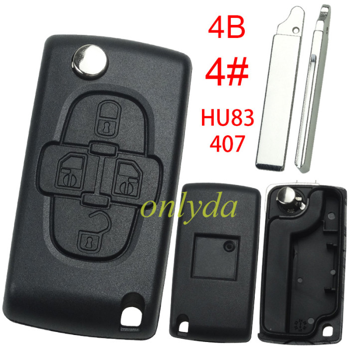 For Peugeot flip remote replacement key shell,blade HU83-without battery clamp with badge place,pls choose the button