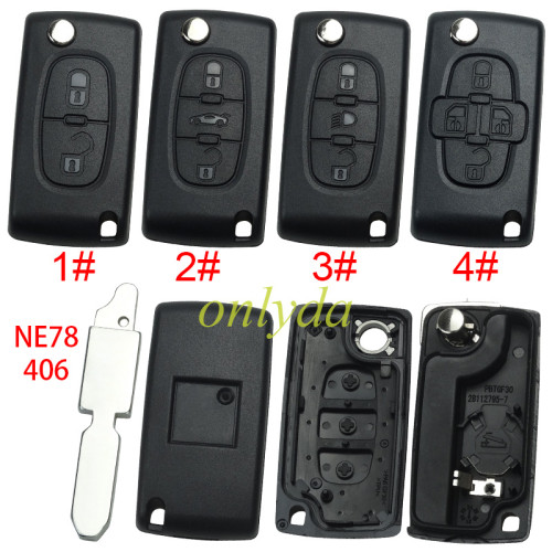 For Peugeot flip remote replacement key shell,blade NE78 with battery clamp with badge place,pls choose the button