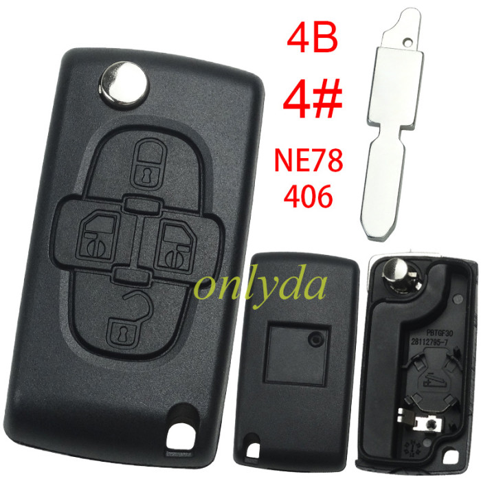 For Peugeot flip remote replacement key shell,blade NE78 with battery clamp with badge place,pls choose the button