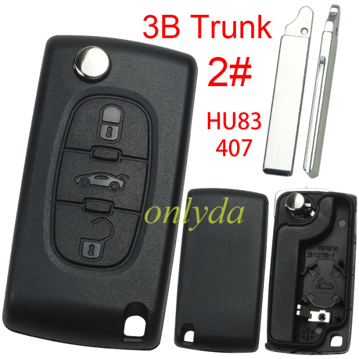 For Peugeot flip remote replacement key shell,blade HU83-with battery clamp without badge,pls choose the button