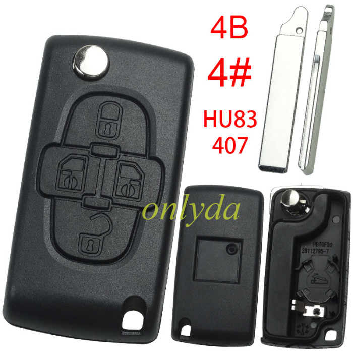 For Peugeot flip remote replacement key shell,blade HU83 with battery clamp with badge place,pls choose the button