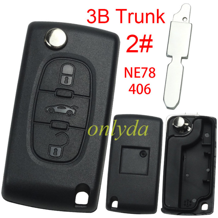 For Peugeot flip remote replacement key shell,blade NE78-without battery clamp with badge place,pls choose the button
