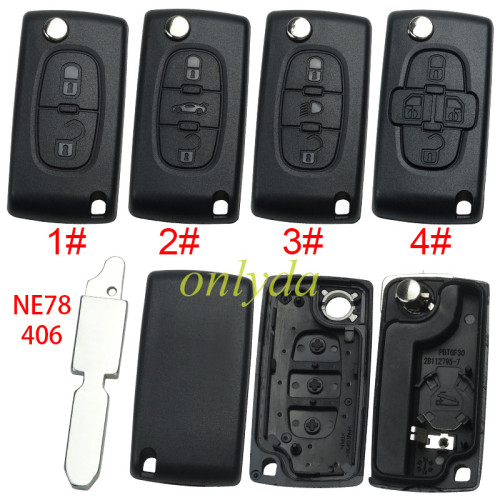 For Citroen flip remote replacement key shell,blade NE78-with battery clamp without badge,pls choose the button