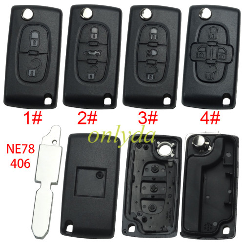 For Peugeot flip remote replacement key shell,blade NE78-without battery clamp with badge place,pls choose the button
