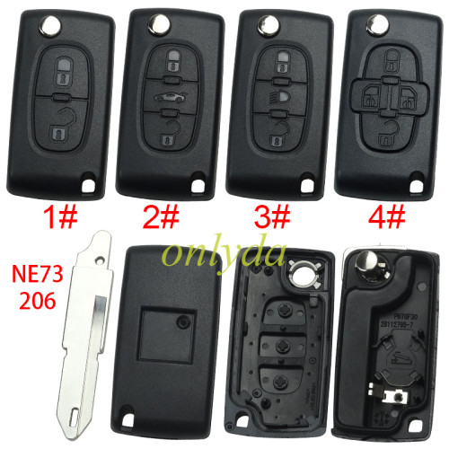 For Peugeot flip remote replacement key shell,blade NE73 with battery clamp with badge place,pls choose the button