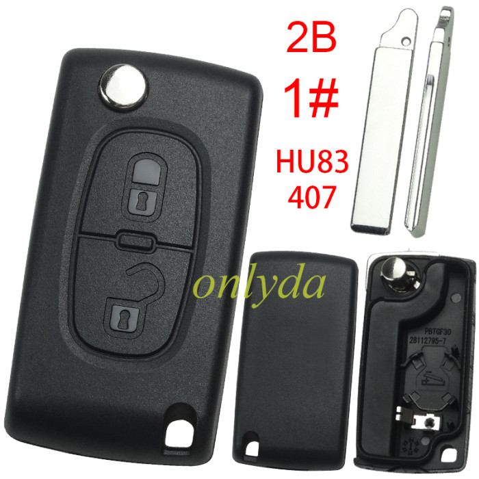 For Peugeot flip remote replacement key shell,blade HU83-with battery clamp without badge,pls choose the button