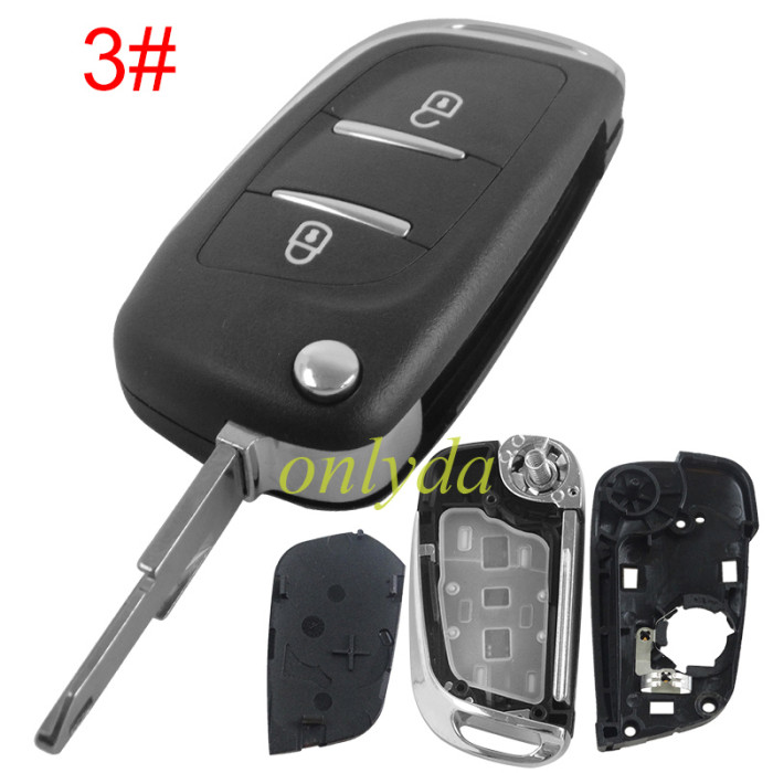For Peugeot modified 2 button remote key shell with battery clamp with badge place, pls choose the blade type  1#-VA2 2#-HU83 3#-NE73