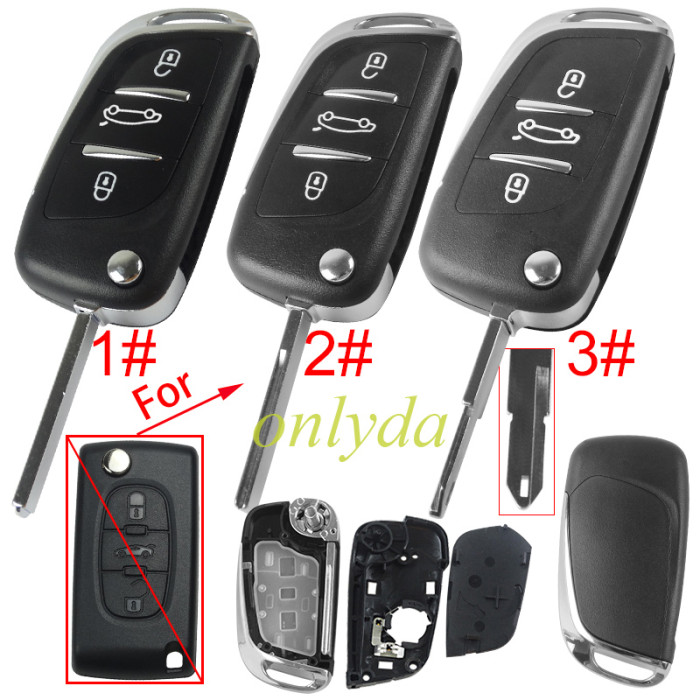 For Peugeot modified 3 button remote key shell with battery clamp with badge place, pls choose the blade type  1#-VA2 2#-HU83 3#-NE73