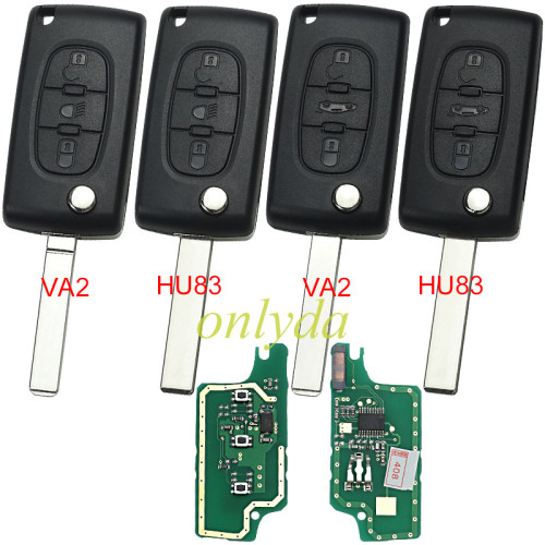 KYDZ Brand Peugeut CE0536 3 Button Flip  Remote Key  FSK model  with VA2 and HU83 blade, trunk and light button , please choose the key shell, with 46 chip