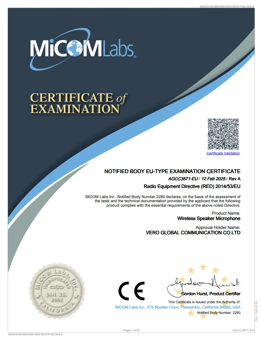 VGC BHM-79 and BHM-88 Bluetooth Mics Official RED 2014/53/EU Compliance - European Standards