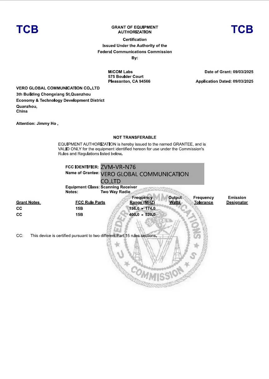 VGC VR-N76 FCC Grant Certificate ID: ZVM-VR-N76 for US compliance