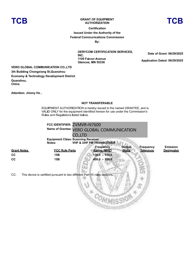 VGC VR-N7600 High Power Mobile Radio FCC Grant Certificate ID: ZVMVR-N7600 for US compliance