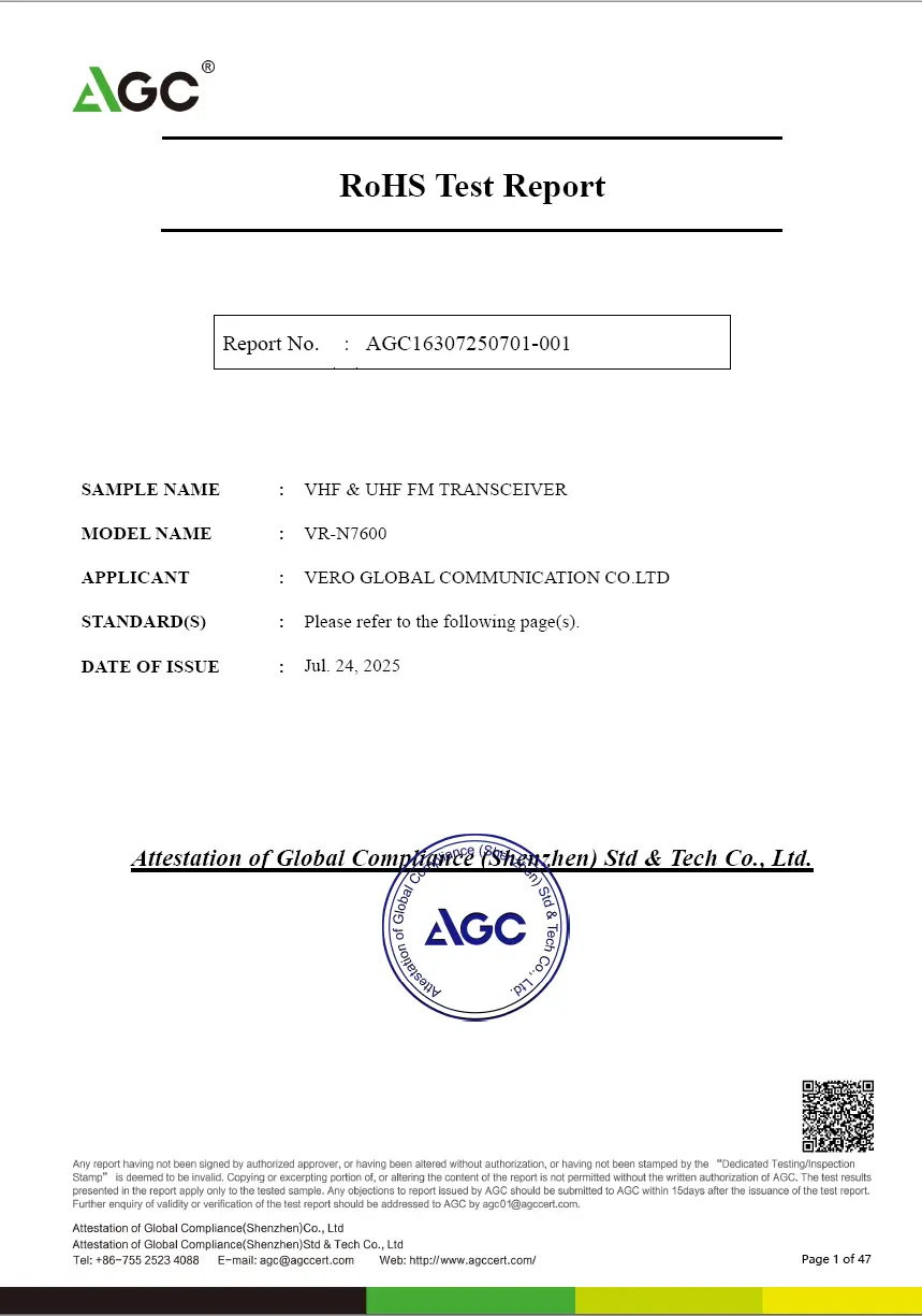 VGC Official ROHS Certification for VR-N7600 Mobile Radio confirming Hazardous Substances Compliance
