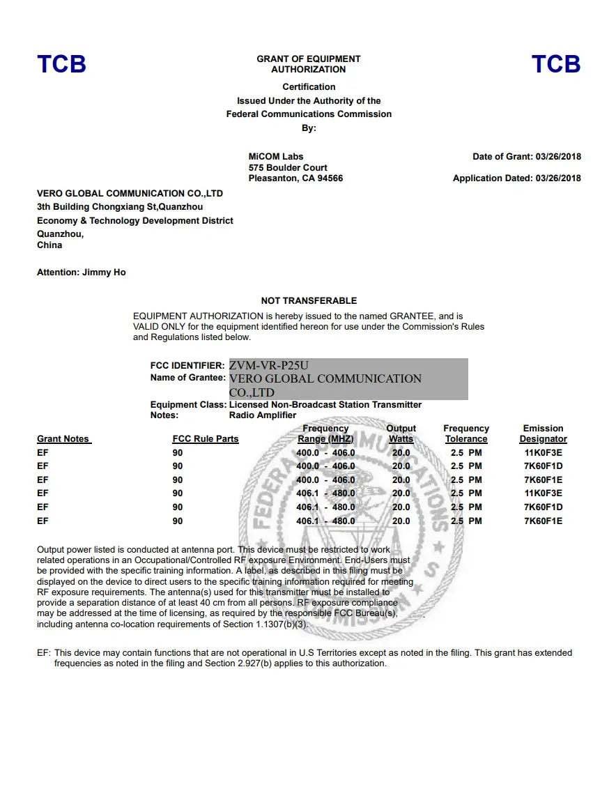 VGC VR-P25D DMR Repeater FCC Grant Certificate ID: ZVM-VR-P25U for US compliance