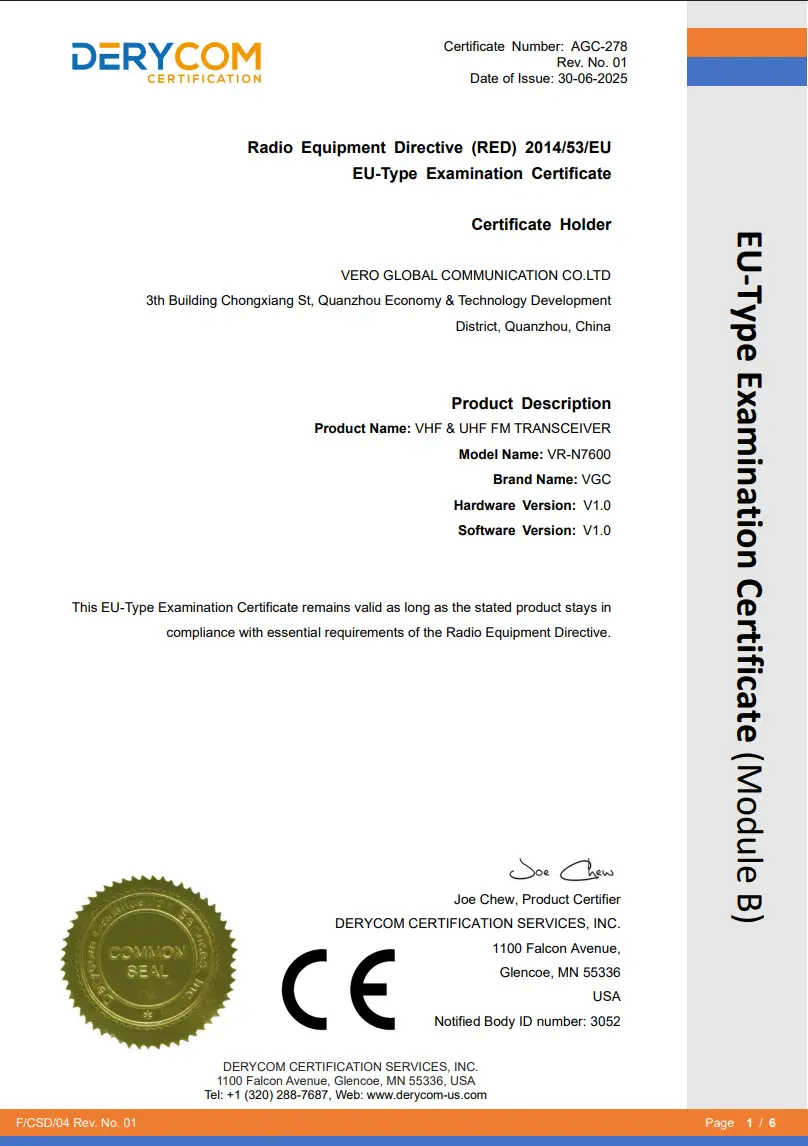 VGC VR-N7600 Series Official CE RED Certification 2014/53/EU Compliance for EU Market