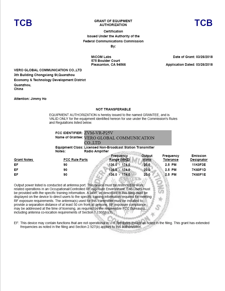 VGC VR-P25V Analog Repeater FCC Grant Certificate ID: ZVM-VR-P25V for US compliance