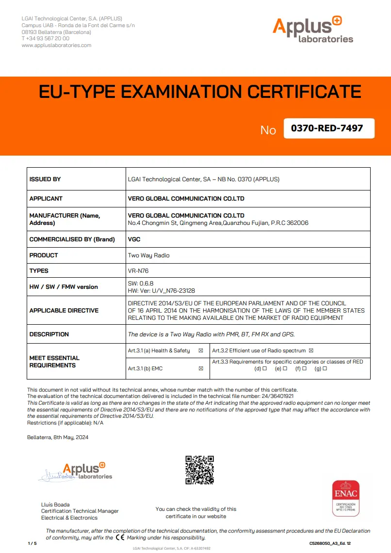VGC VR-N76 Series Official CE RED Certification 2014/53/EU Compliance - Specific Lab Report 30086