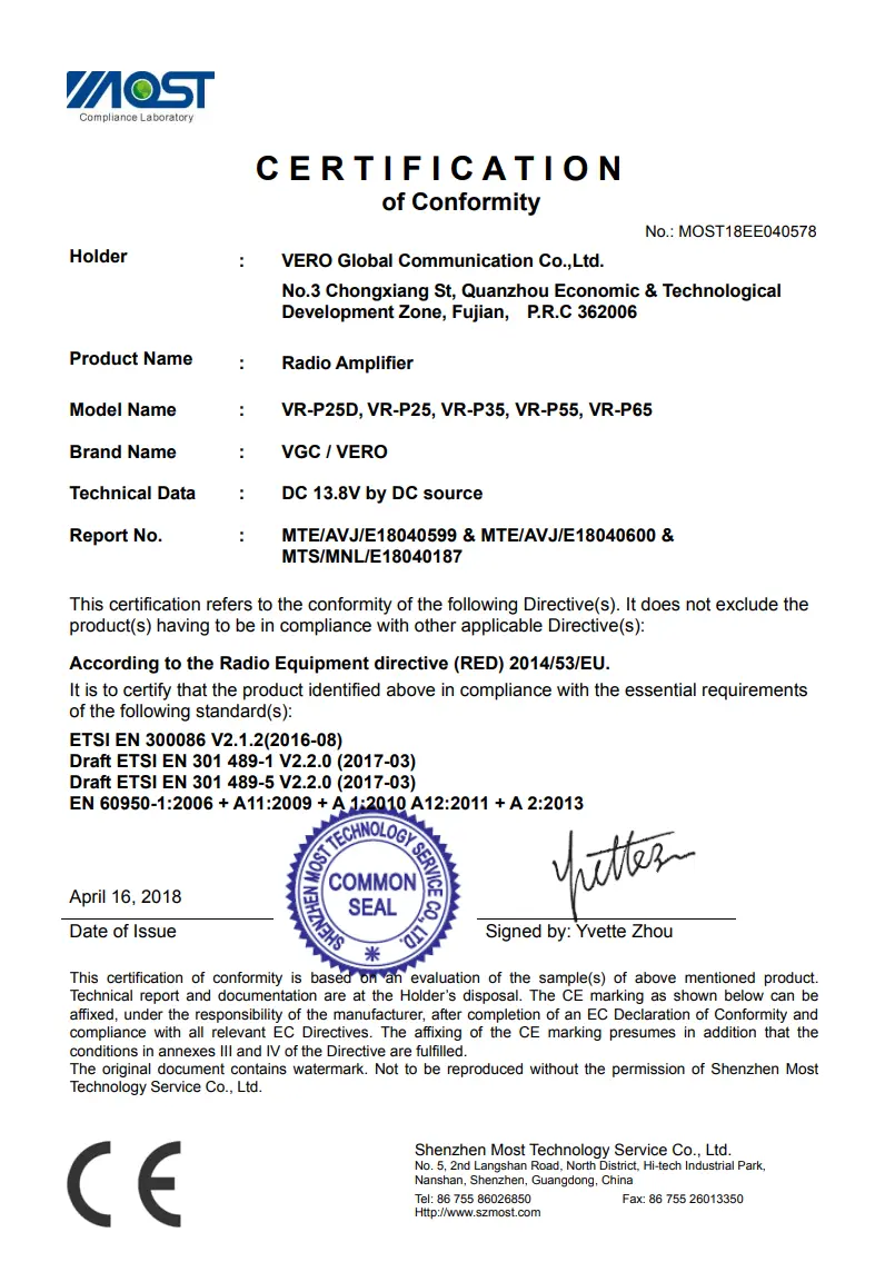 VGC VR-P25 DMR Repeater Official RED 2014/53/EU Compliance for EU Market