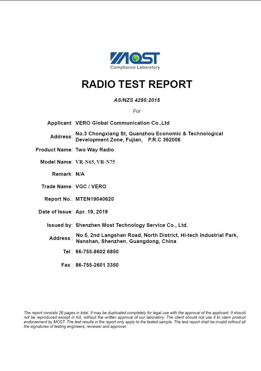 VGC RCM Certificate for VR-N65 and VR-N75 to AS/NZS 4295:2015 Standards for Oceania