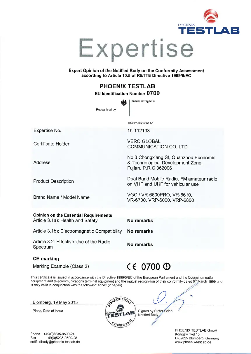VGC VR-6600 Amateur Transceiver Official CE RED Certification 2014/53/EU Compliance
