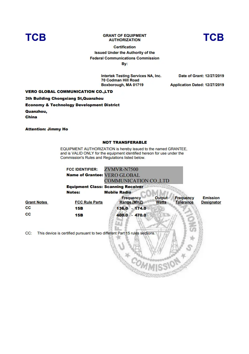 VGC VR-N7500 Mobile Station FCC Grant Certificate ID: ZVMVR-N7500 for US compliance