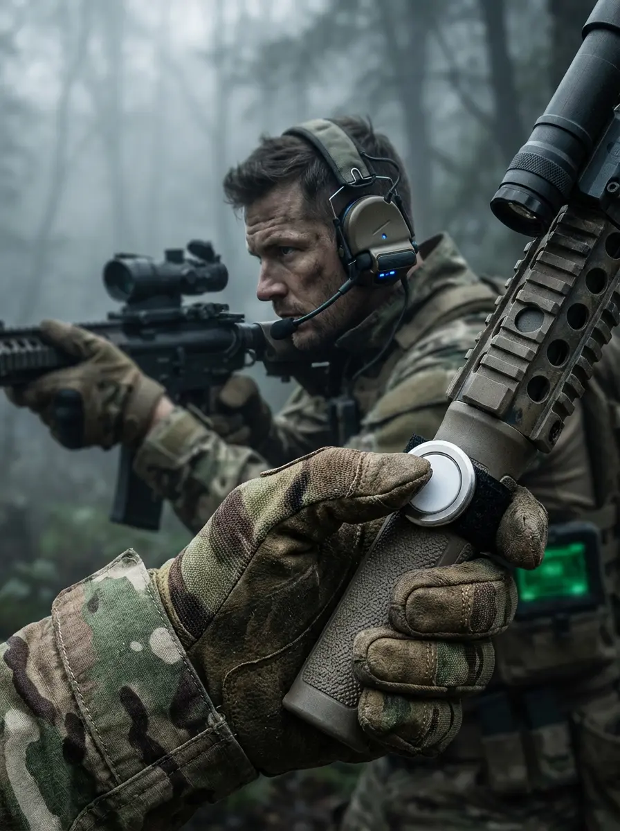 Hunter using VGC wireless Bluetooth PTT and tactical headset for silent radio communication