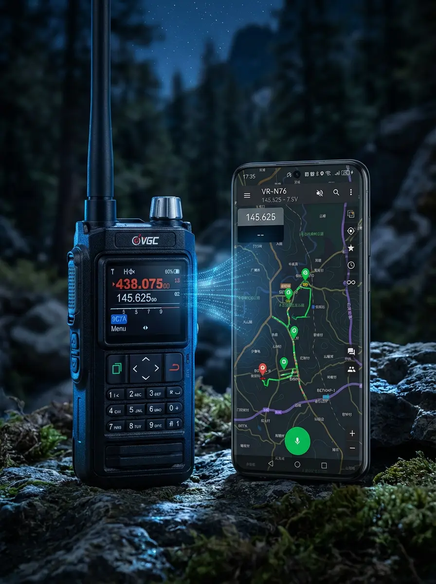 VGC VR-N76 radio showing off-grid GPS tracking and member location on offline map for hunting guides