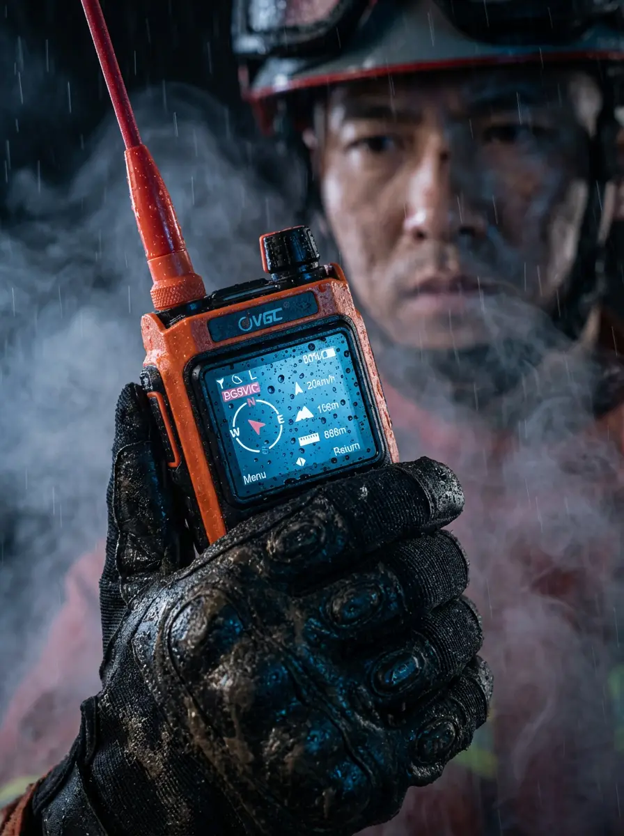 VGC VR-N76 radio screen showing digital electronic compass and GPS member tracking for search and rescue teams