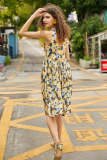 Lemon Chiffon Sleeveless Floral Print Midi Dress