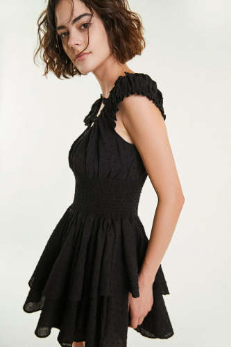 Black Off-the-Shoulder Swiss Dot Smocked Tiered Mini Dress