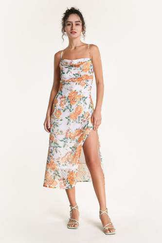 Orange Floral Print Swiss Dot Cross Back Midi Dress