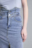 Medium Blue Wash High Rise Front-Slit Midi Denim Skirt