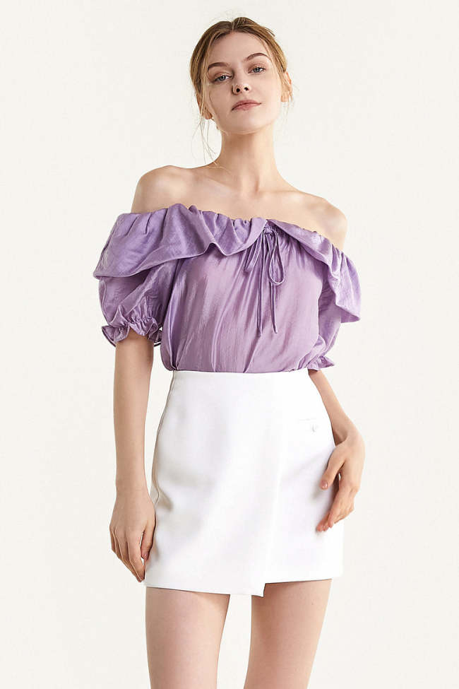 Plum Ruffled Tie Detail Loose Fit Blouse