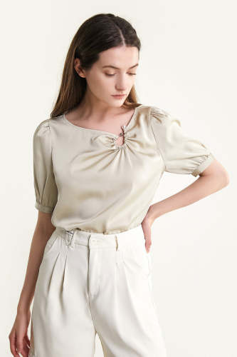 Tan Satin Asymmetric Cut Out Blouse