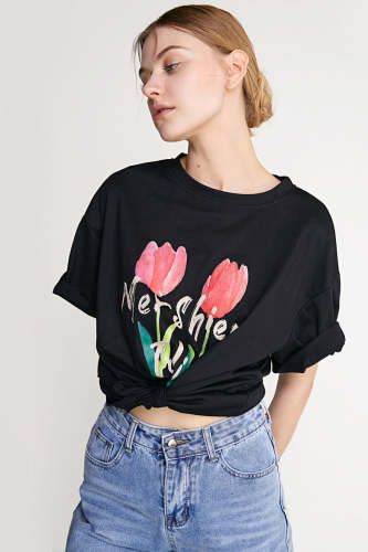 Black Tulip Print Oversized Cotton T-shirt