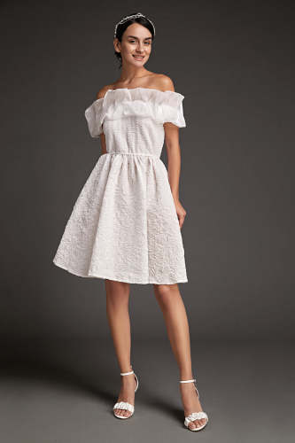 White Organza Ruffle Off-the-Shoulder Textured Mini Dress