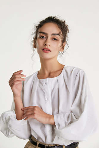 White Lantern Sleeve Pleat Detail Shirt
