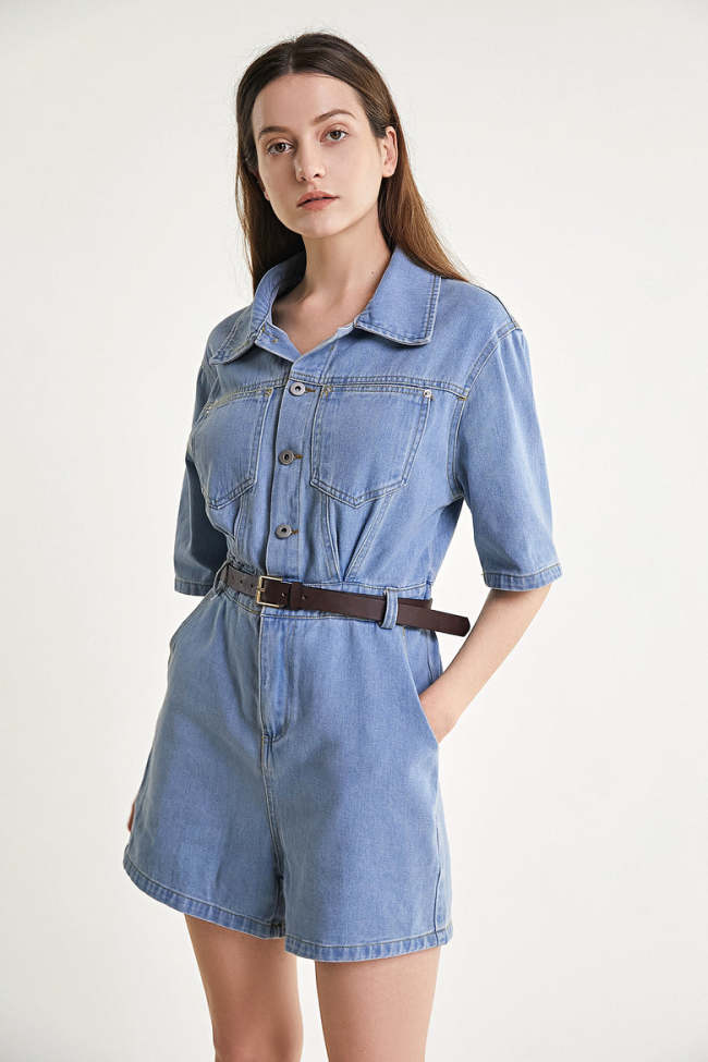 Light Blue Belted Denim Romper