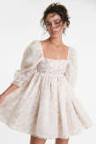 Ivory Floral Print Puff Sleeve Wearable Front And Back Mini Dress