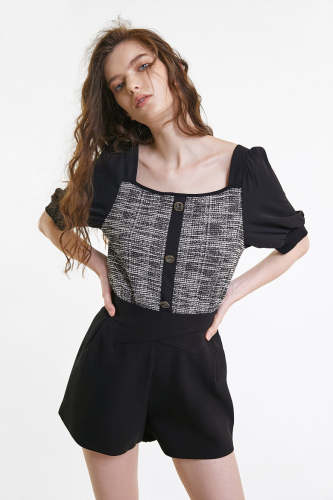 Flash Sale                Black Tweed Square Neck Button Detail Puff Sleeve Blouse