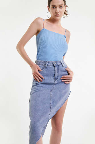 Light Steel Blue Asymmetric Hem Denim Skirt