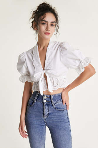 White Tie Front Puff Sleeve Embroidered Top