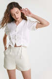 White Textured Drawstring Front Faux-Pearl Button Blouse
