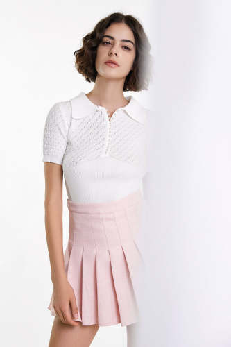 White Collared Textured Ribbed Short Sleeve Knit Top