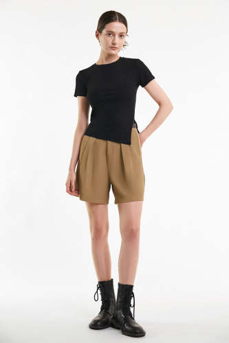 Black Ribbed Asymmetric Side Slit T-shirt