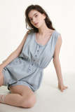 Light Blue Sleeveless Elastic Waist Button Front Denim Romper
